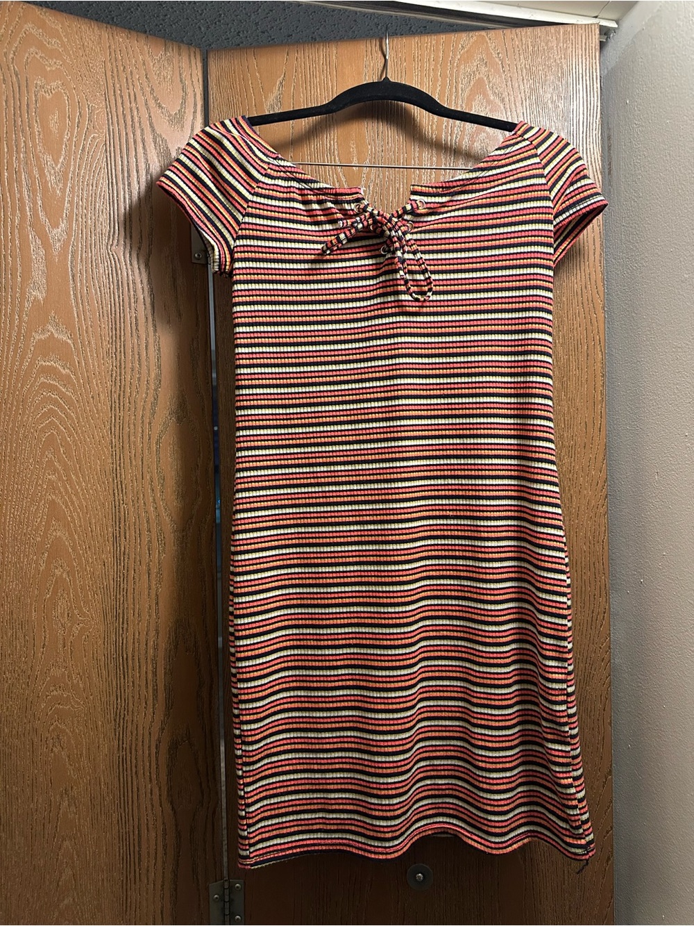 Striped Short Sleeve Knit Dress in Red, Black & White